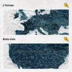 Carte du monde à épingles Océan bleu Détaillé europe et états-unis