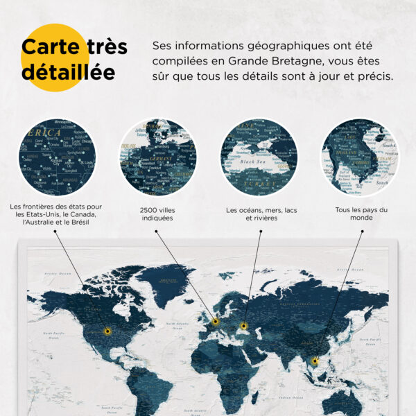 Carte du monde à épingles Océan bleu Détaillé information