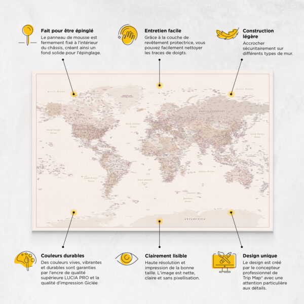 Carte du monde à épingles Sable du désert Détaillé caractéristiques
