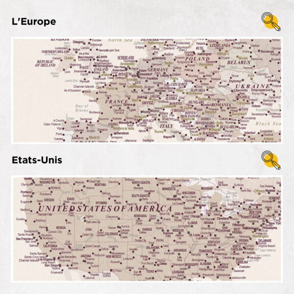 Carte du monde à épingles Sable du désert Détaillé europe et états-unis