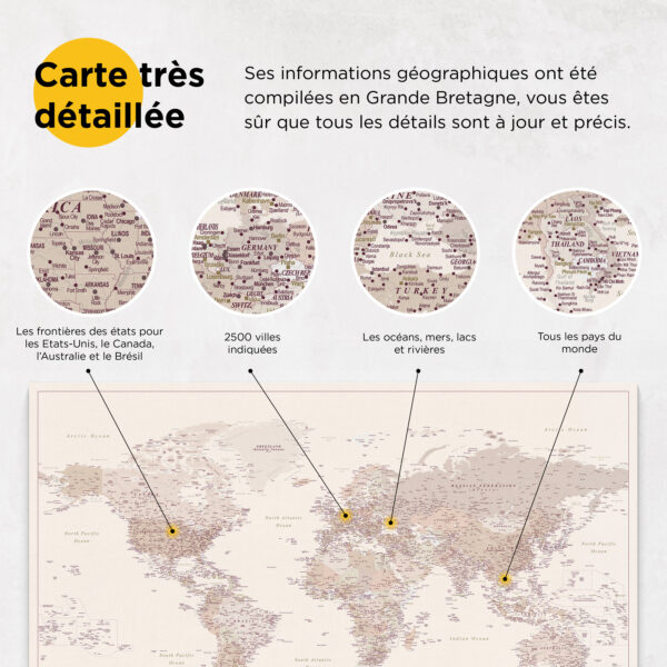 Carte du monde à épingles Sable du désert Détaillé information