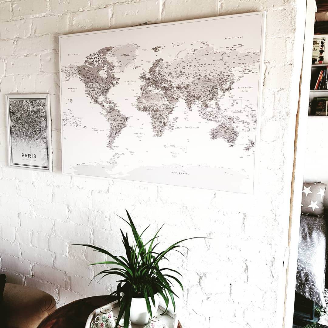 grey and white detail canvas pinnable world map