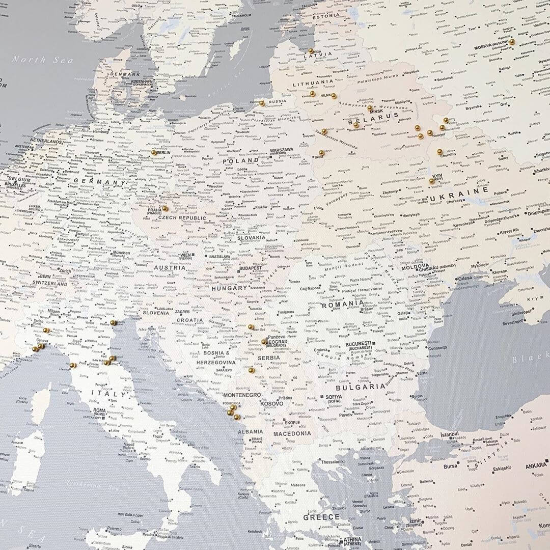 grey europe push pin map canvas