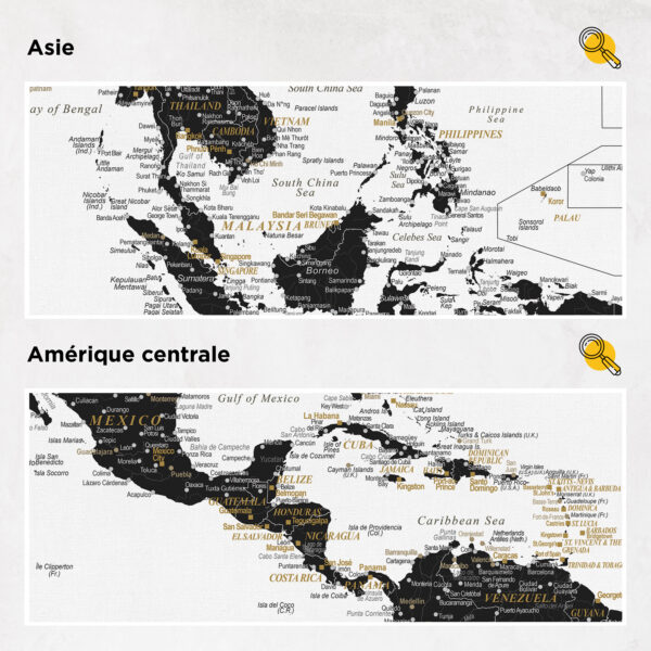Carte du monde à épingles Noir et blanc Détaillé asie et amérique centrale