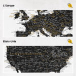 Carte du monde à épingles Noir et blanc Détaillé europe et états-unis