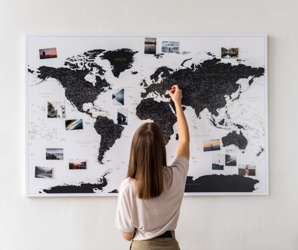 Carte du monde avec punaises Noir et blanc Détaillé'