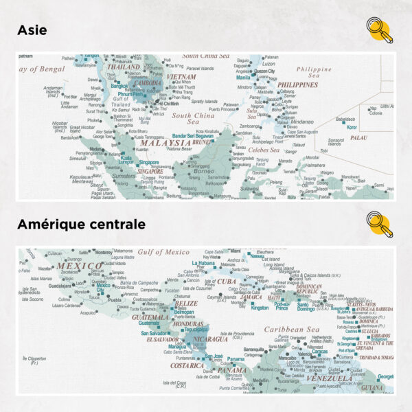 Carte du monde à épingles Bleu ciel Détaillé asie et amérique centrale