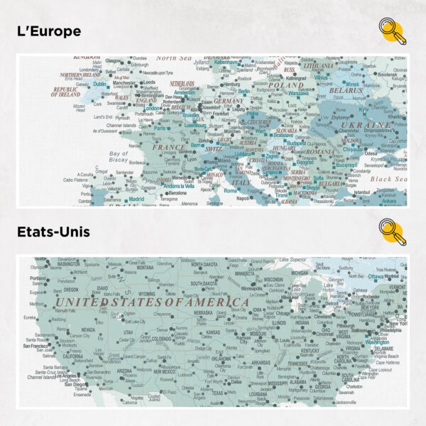 Carte du monde à épingles Bleu ciel Détaillé europe et états-unis