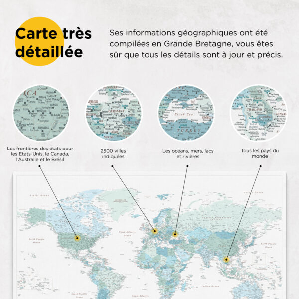 Carte du monde à épingles Bleu ciel Détaillé information
