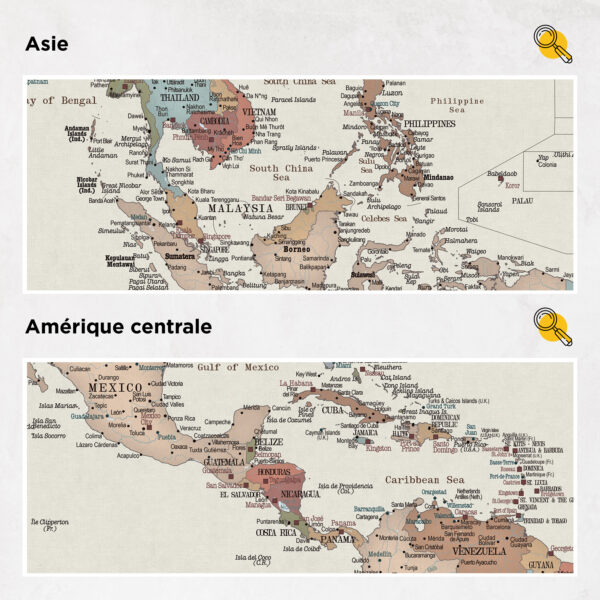 Carte du monde à épingles Colorée Détaillé asie et amérique centrale