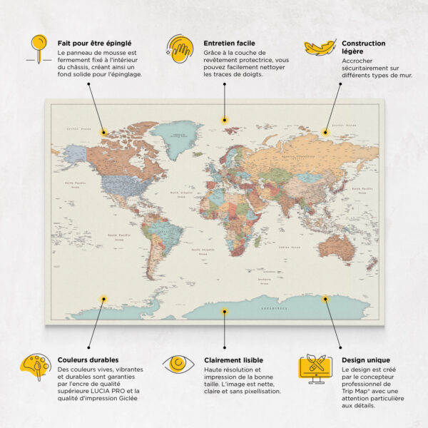 Carte du monde à épingles Colorée Détaillé caractéristiques