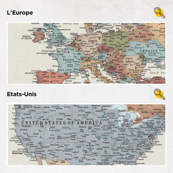 Carte du monde à épingles Colorée Détaillé europe et états-unis