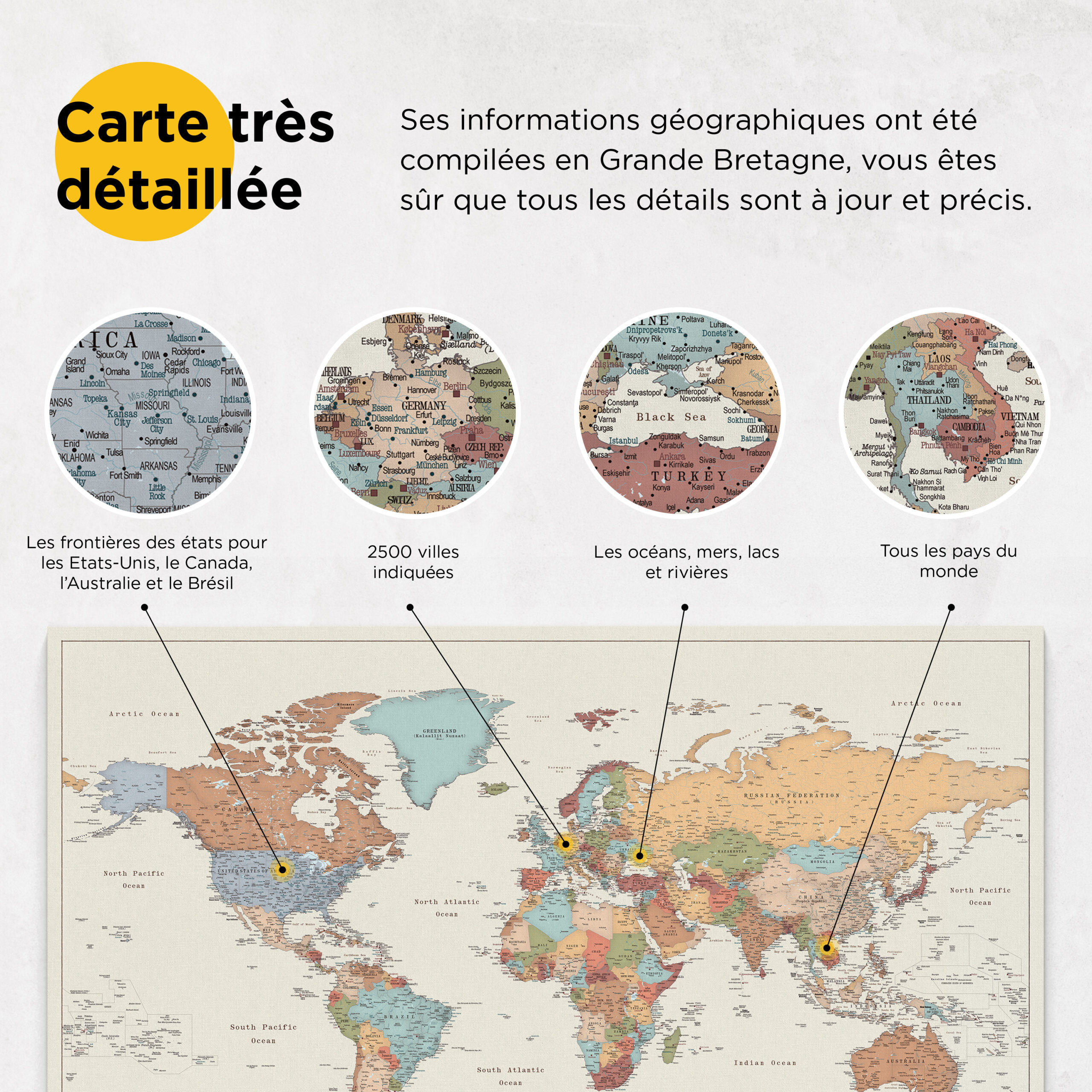 Détaillé carte sur toile - Carte du monde à épingles – Colorée