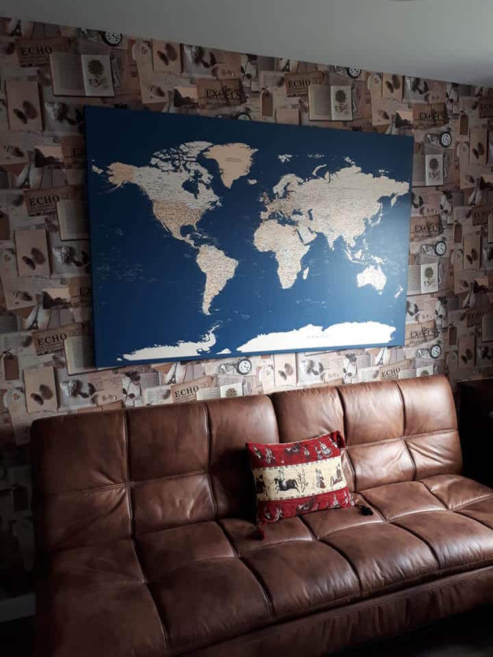modern blue world map on canvas with pins