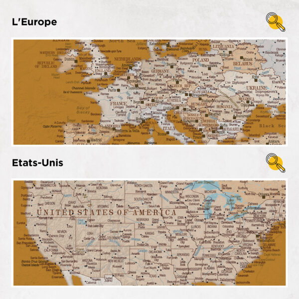 Carte du monde à épingles Miel Détaillé europe et états-unis