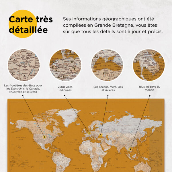 Carte du monde à épingles Miel Détaillé information