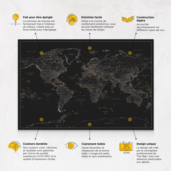 Carte du monde à épingles Minuit Noir Détaillé caractéristiques