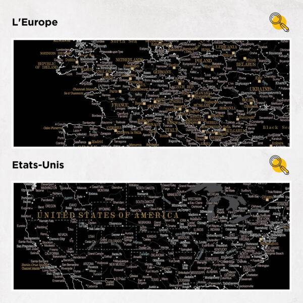 Carte du monde à épingles Minuit Noir Détaillé europe et états-unis