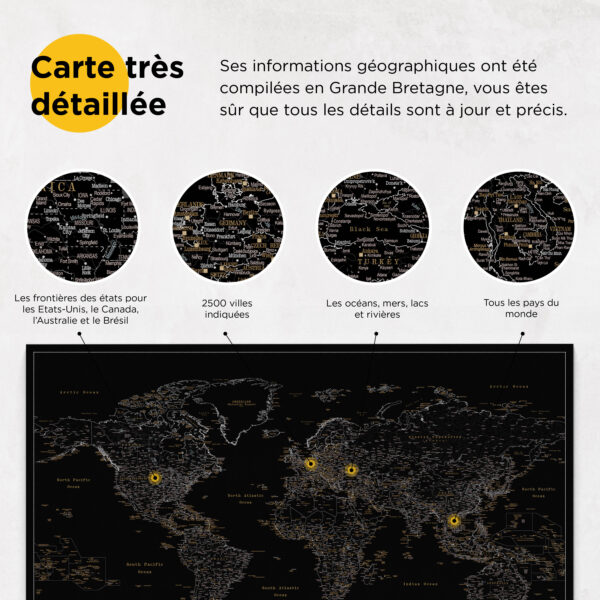 Carte du monde à épingles Minuit Noir Détaillé information