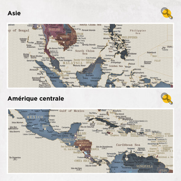 Carte du monde à épingles Raisins Détaillé asie et amérique centrale