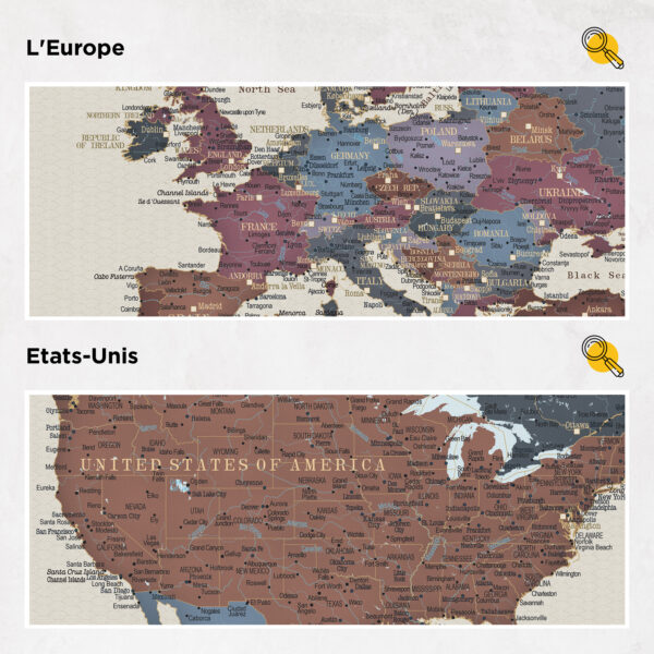 Carte du monde à épingles Raisins Détaillé europe et états-unis