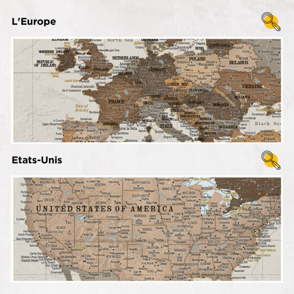 Carte du monde à épingles Safari Détaillé europe et états-unis