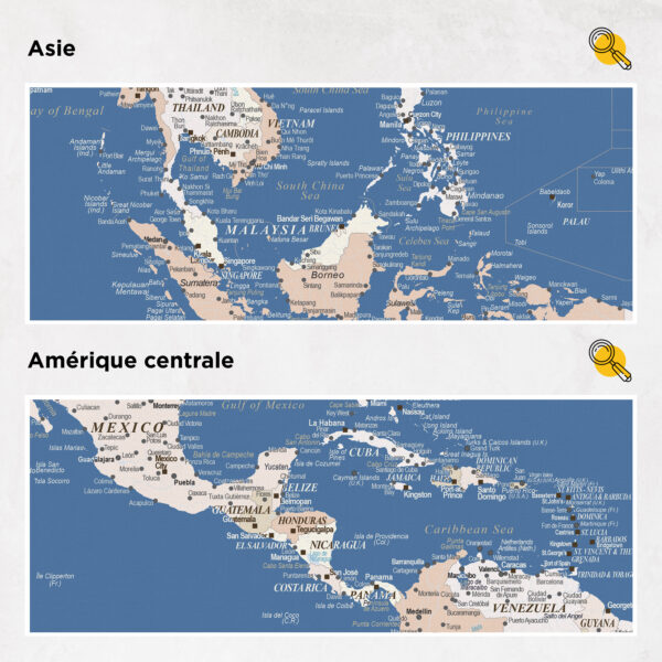 Carte du monde à épingles Bleu Détaillé asie et amérique centrale