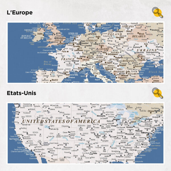 Carte du monde à épingles Bleu Détaillé europe et états-unis