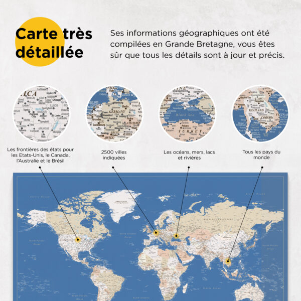 Carte du monde à épingles Bleu Détaillé information